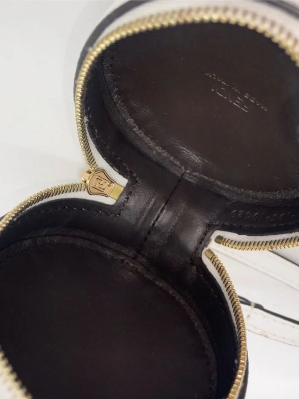 NEW Fendi White Leather Round Coin Case with Brown & Black FF Motif